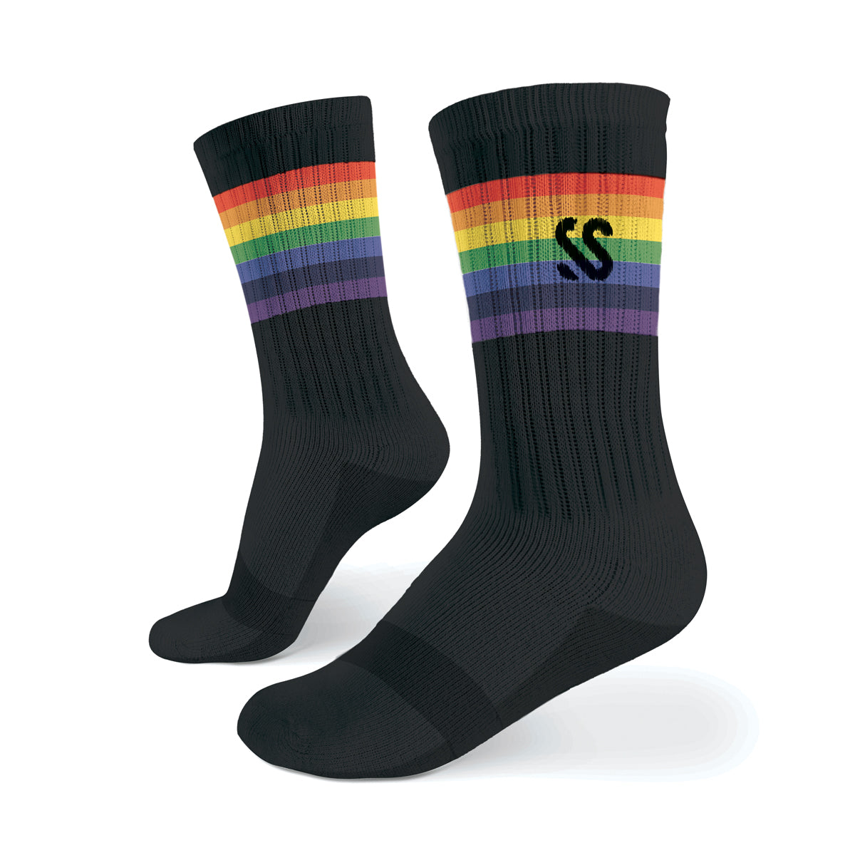 A pair of black socks with a rainbow band made from combed cotton