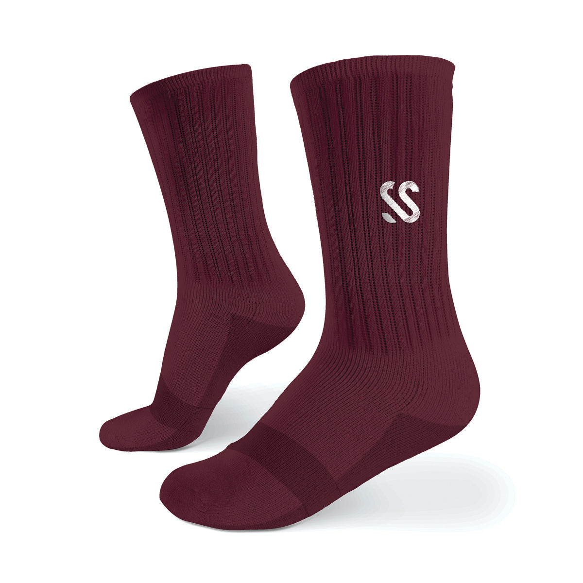 A pair of burgundy crew length socks