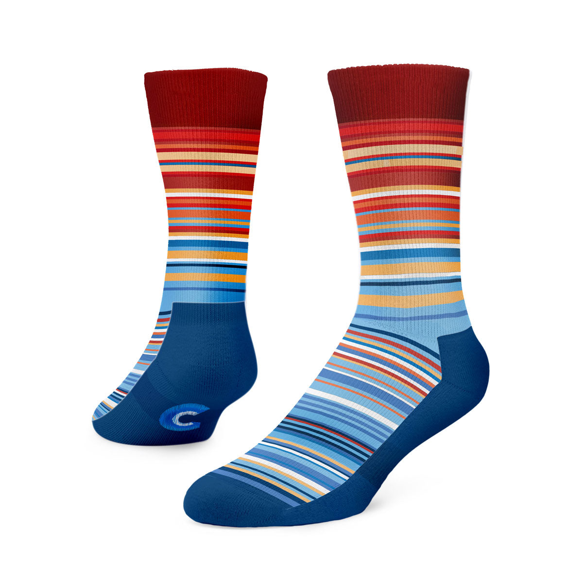 A pair of crew length socks with the climate stripes from toe to heel as the pattern