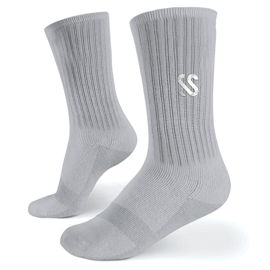 A pair of crew length grey socks