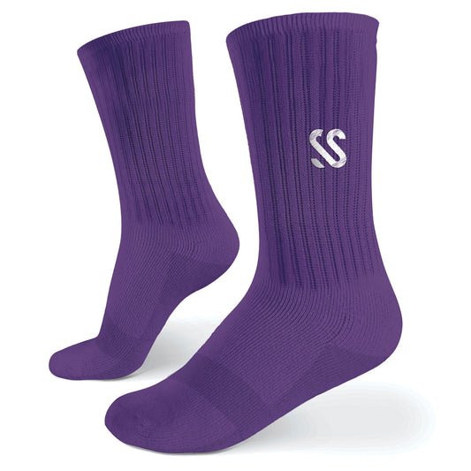 A pair of purple crew socks