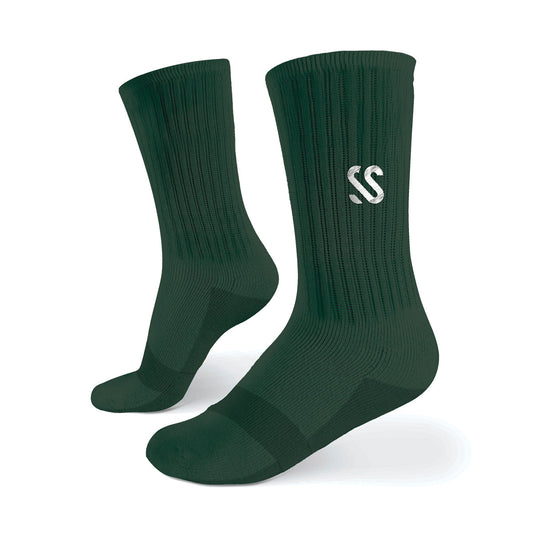 A pair of dark green crew length socks