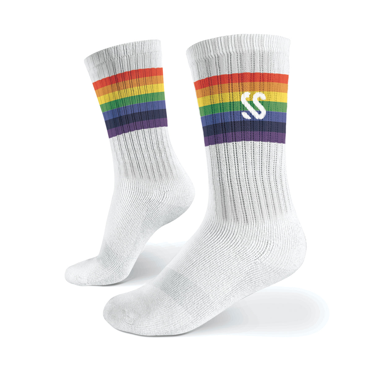 A pair of white combed cotton socks with a rainbow band