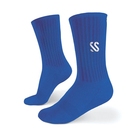 A pair of dark blue crew socks
